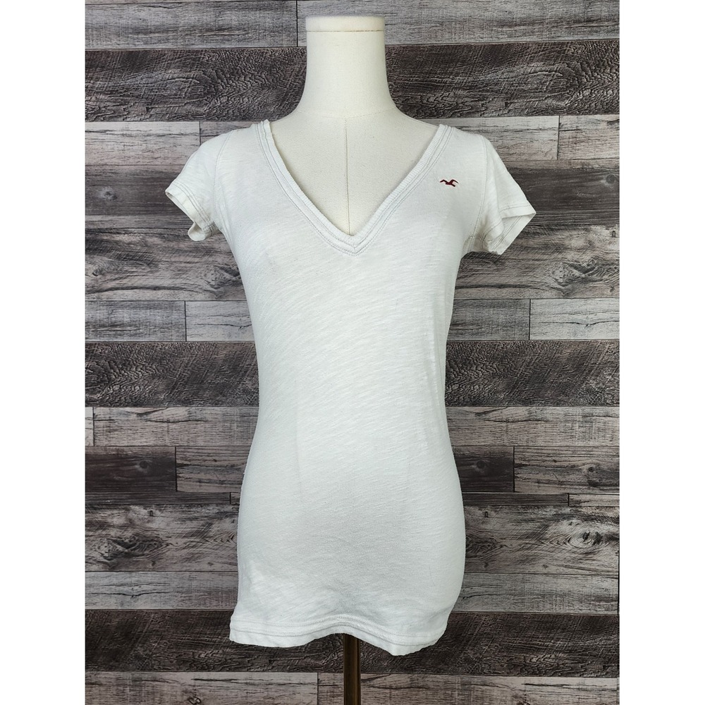 Hollister California Womens XS White Slub V-Neck Short Sleeve Tee Seagull Logo